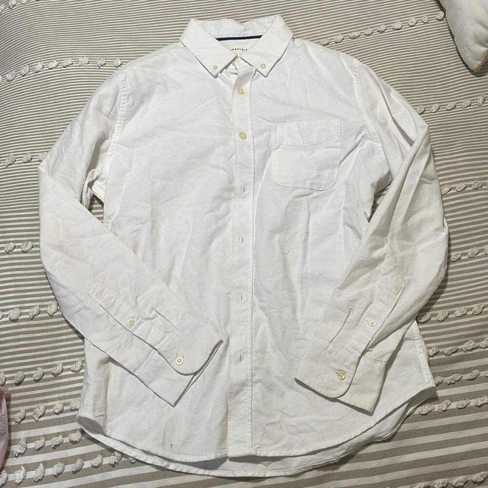 Men's White Long Sleeve Button-Up Shirt, Size M